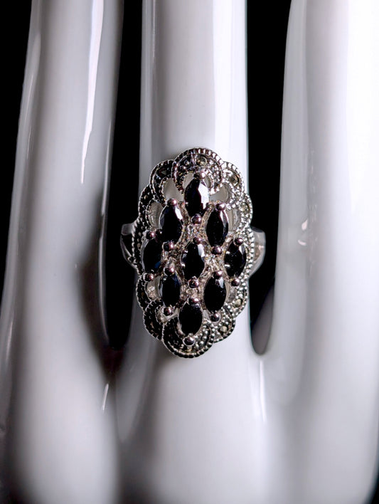Vintage Black Marquise Cut and Marcasite Accented Cluster Cocktail Silver Toned Ring