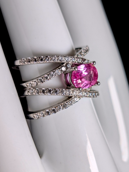 Vintage Inspired Criss Cross Genuine Pink Sapphire and Simulated Diamond Accents Sterling Silver Ring