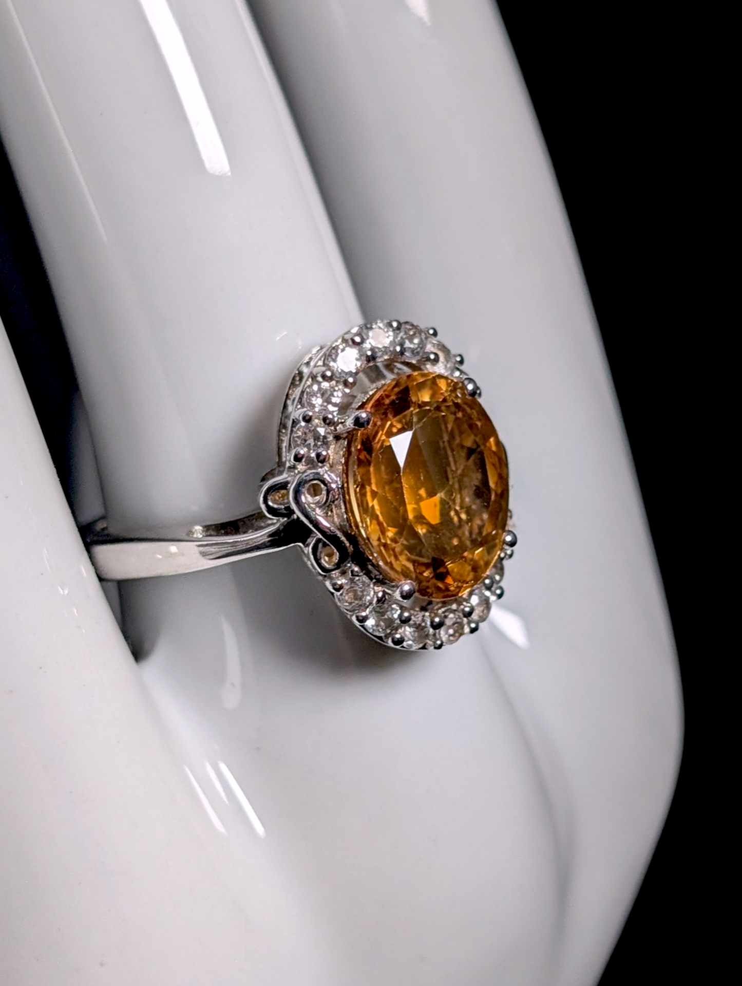 Vintage Dazzling 5+ Carat Oval Cut Genuine Golden Citrine Solitaire with White Topaz Halo Sterling Silver Statement Ring