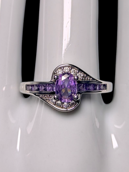 Vintage Oval Cut Simulated Amethyst Solitaire with Simulated Diamond Accents Sterling Silver Cross Over Ring