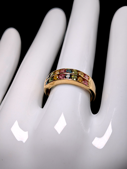 Vintage 14kt Solid Yellow Gold Genuine Tourmaline Multi Row Rainbow Color Band Ring