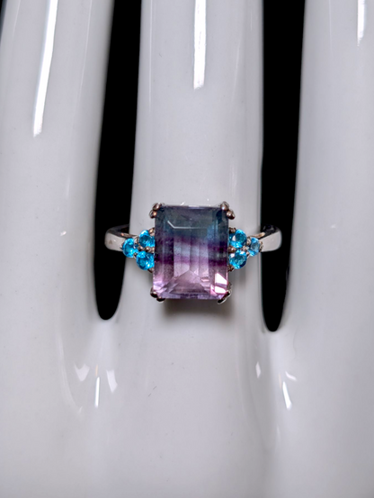 Vintage Emerald Cut Genuine Bi Color Fluorite with Malgache Neon Apatite Accent Stones Sterling Silver Ring