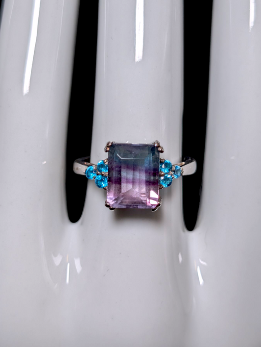 Vintage Emerald Cut Genuine Bi Color Fluorite with Malgache Neon Apatite Accent Stones Sterling Silver Ring
