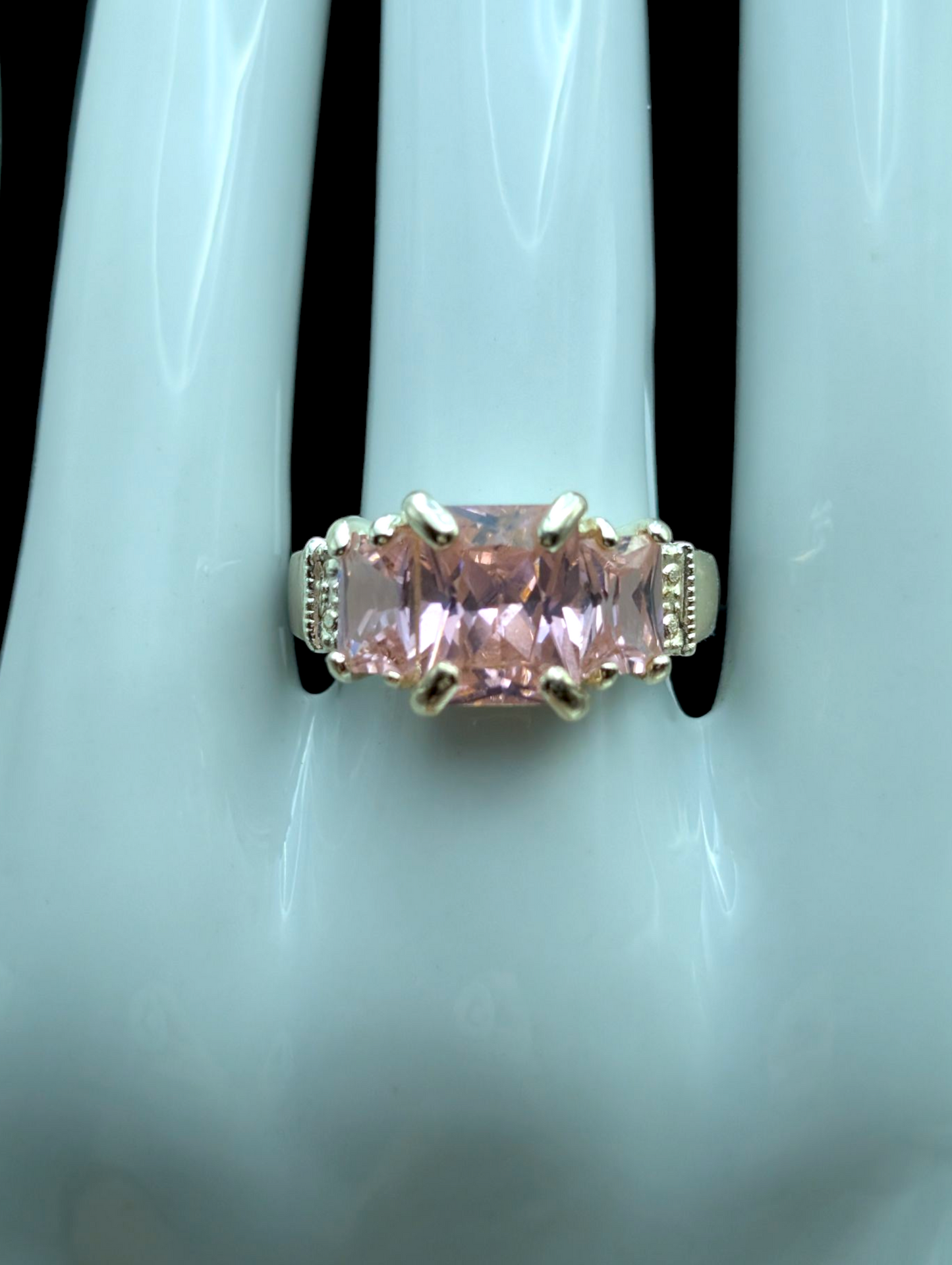Vintage Large Radiant Cut Three Stone Simulated Pink Sapphire Silver Toned Statement Cocktail Ring