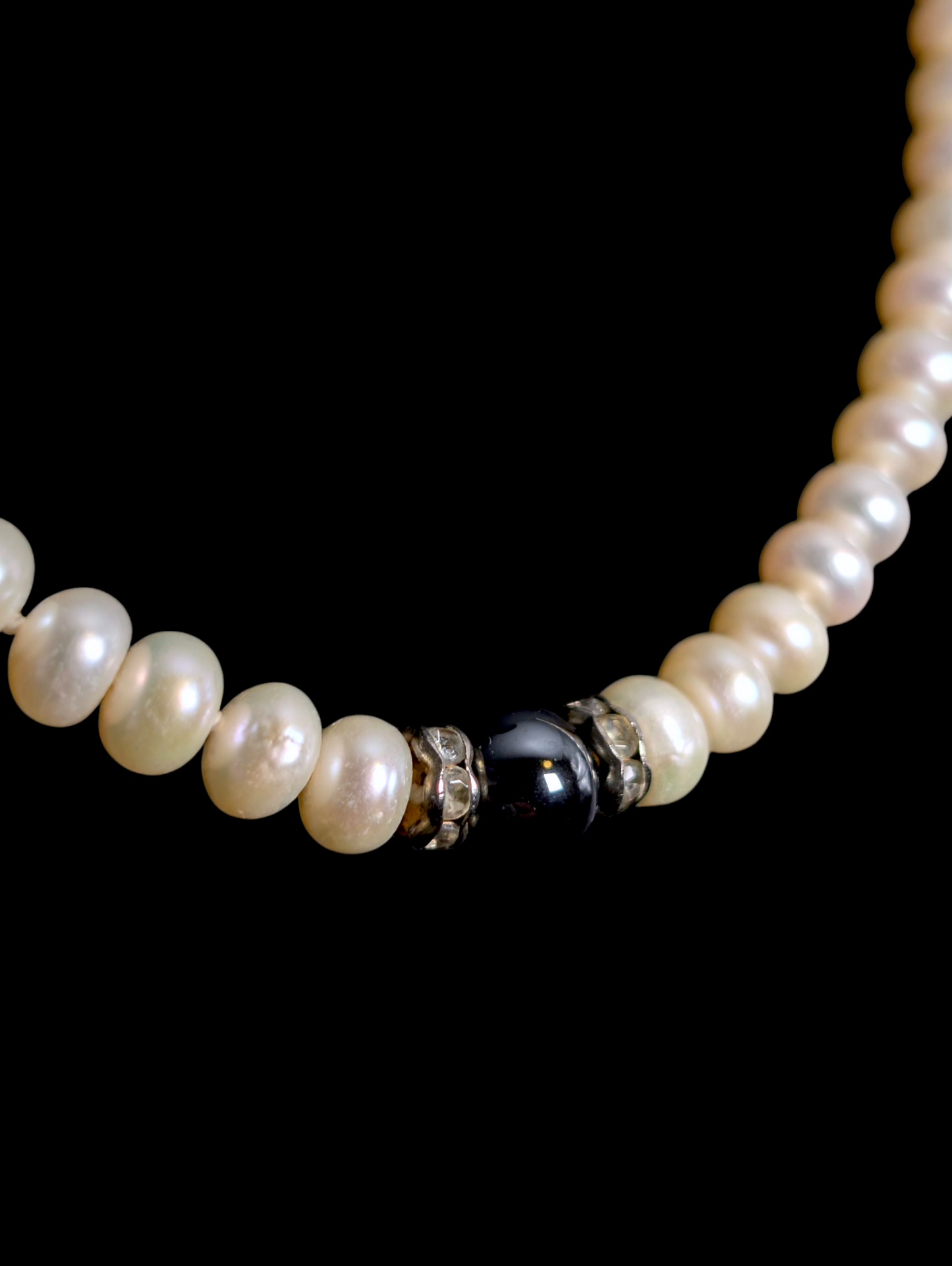 Vintage Hand Knotted Genuine Cultured Freshwater Potato Shaped Pearl and Hematite Sterling Silver Necklace