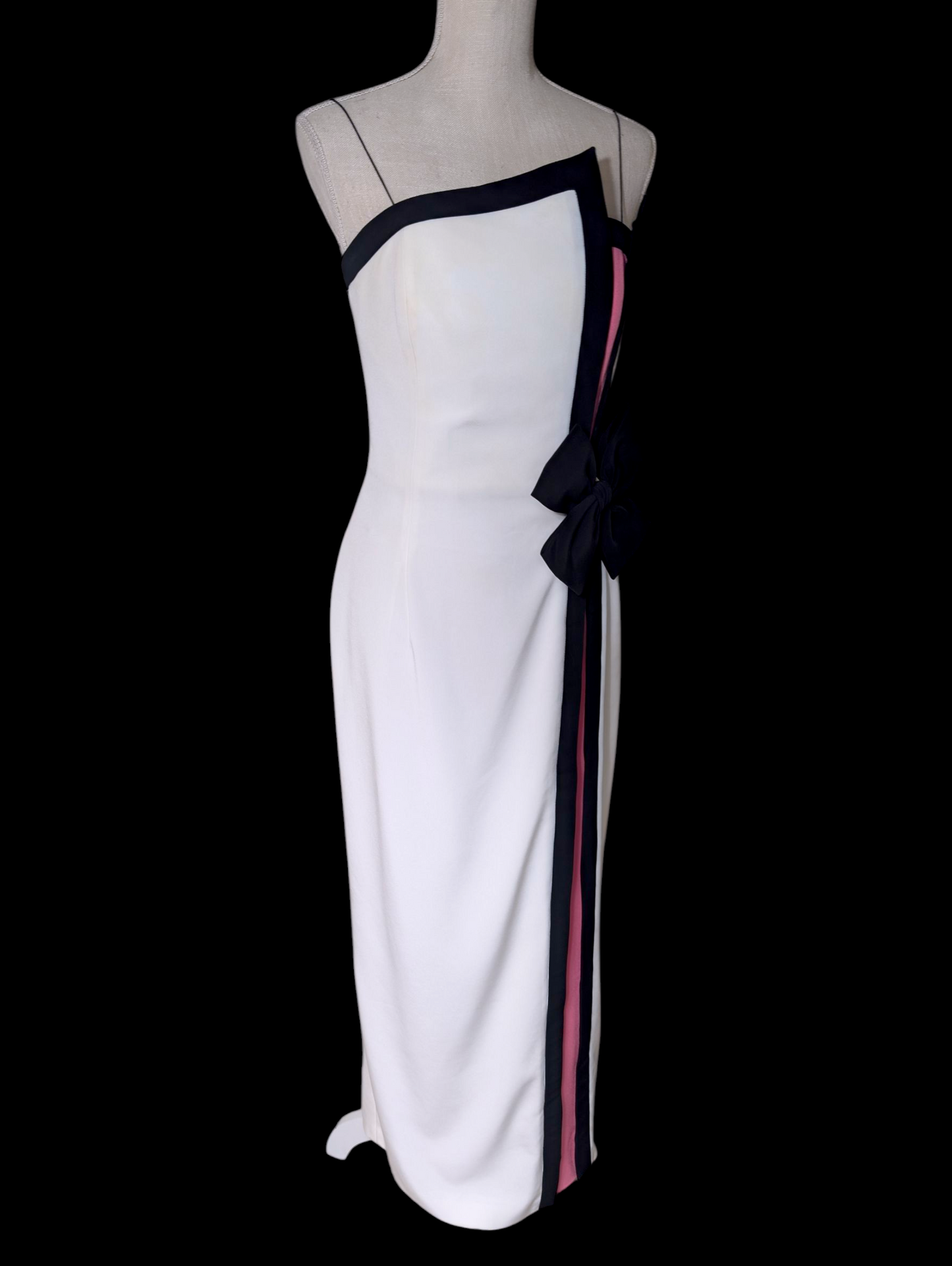 1980s Couture Designer Bill Blass White and Black Hourglass Evening Dress with Hot Pink Color Blocking, Asymmetrical Neckline, Decorative Accent Bow and Spaghetti Straps