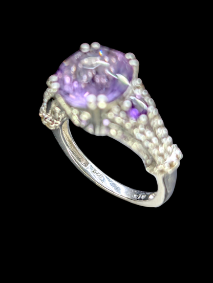 Vintage Stunning 3.9 Carat Concave Checkerboard Cut Genuine Amethyst and White Topaz Filigree Sterling Silver Ring