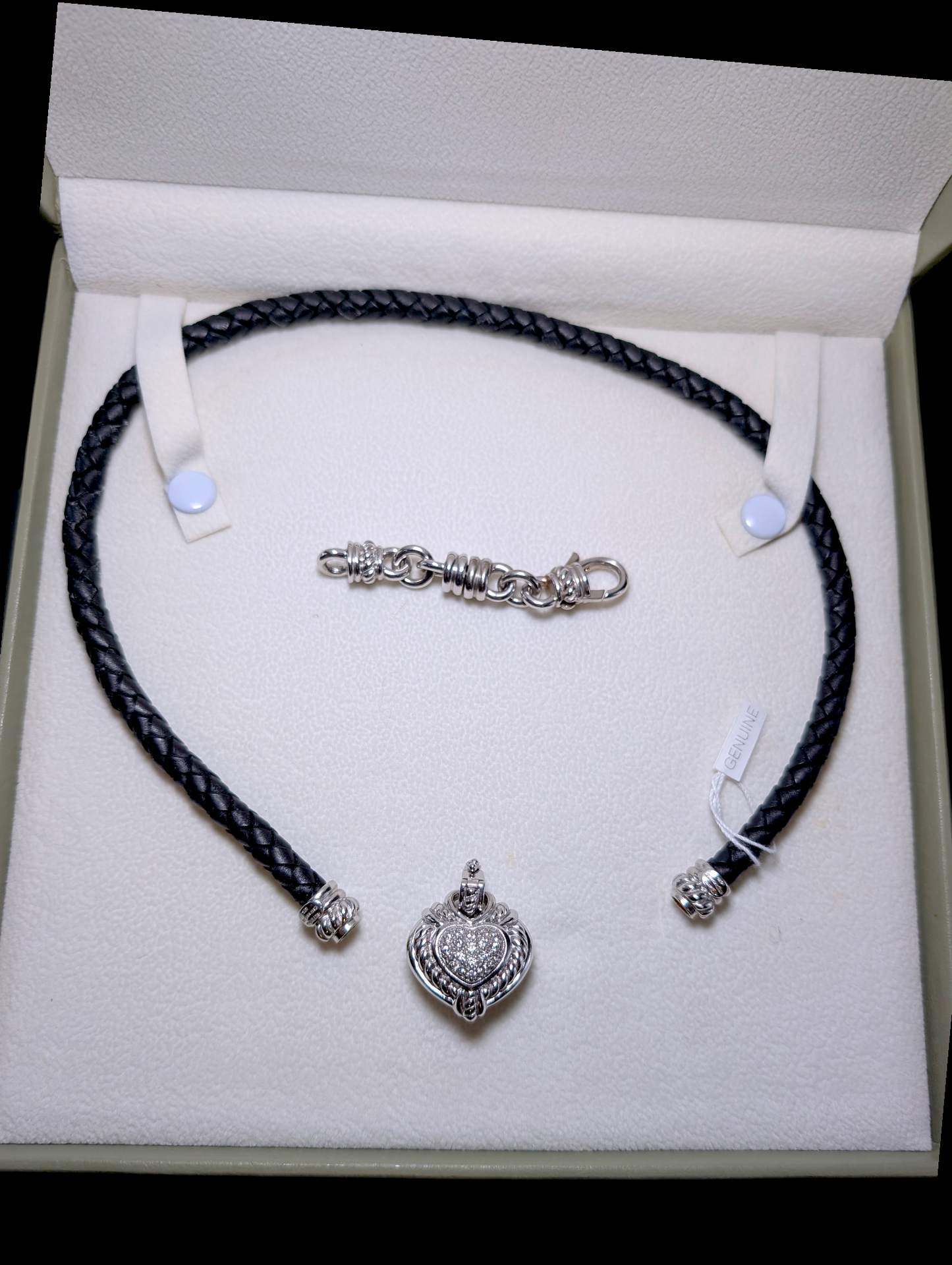 Vintage Judith Ripka Leather Braded Statement Necklace with Sterling Silver Heart Pendant and Original Box