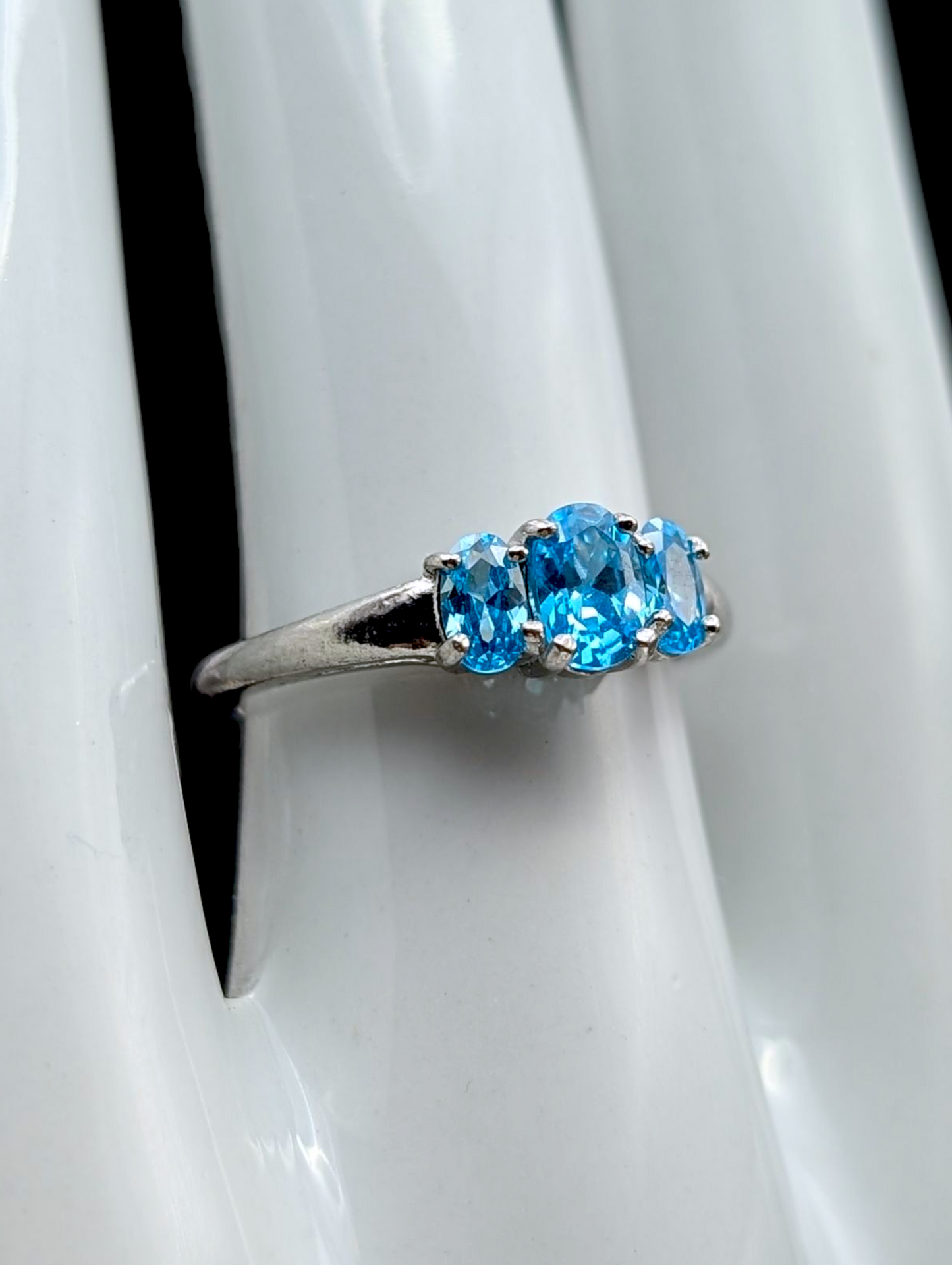 Vintage Dainty Trio Simulated Swiss Blue Topaz Sterling Silver Ring