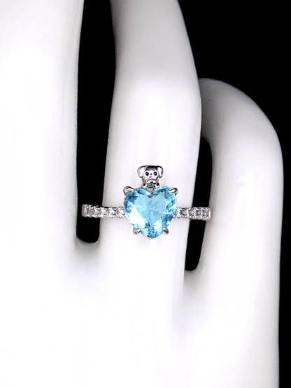 Vintage Heart Cut Simulated Blue Topaz Solitaire with Cute Puppy Mount Silver Toned Memorial Ring