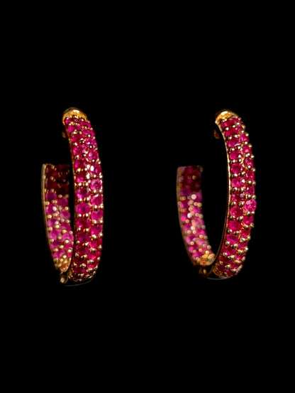 Vintage Genuine Ruby 18k Yellow Gold Vermeil Inside Out Hoop Earrings
