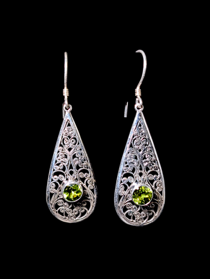 Vintage Bezel Set Round Cut 2 Carat Genuine Peridot Sterling Silver Filigree Drop Earrings