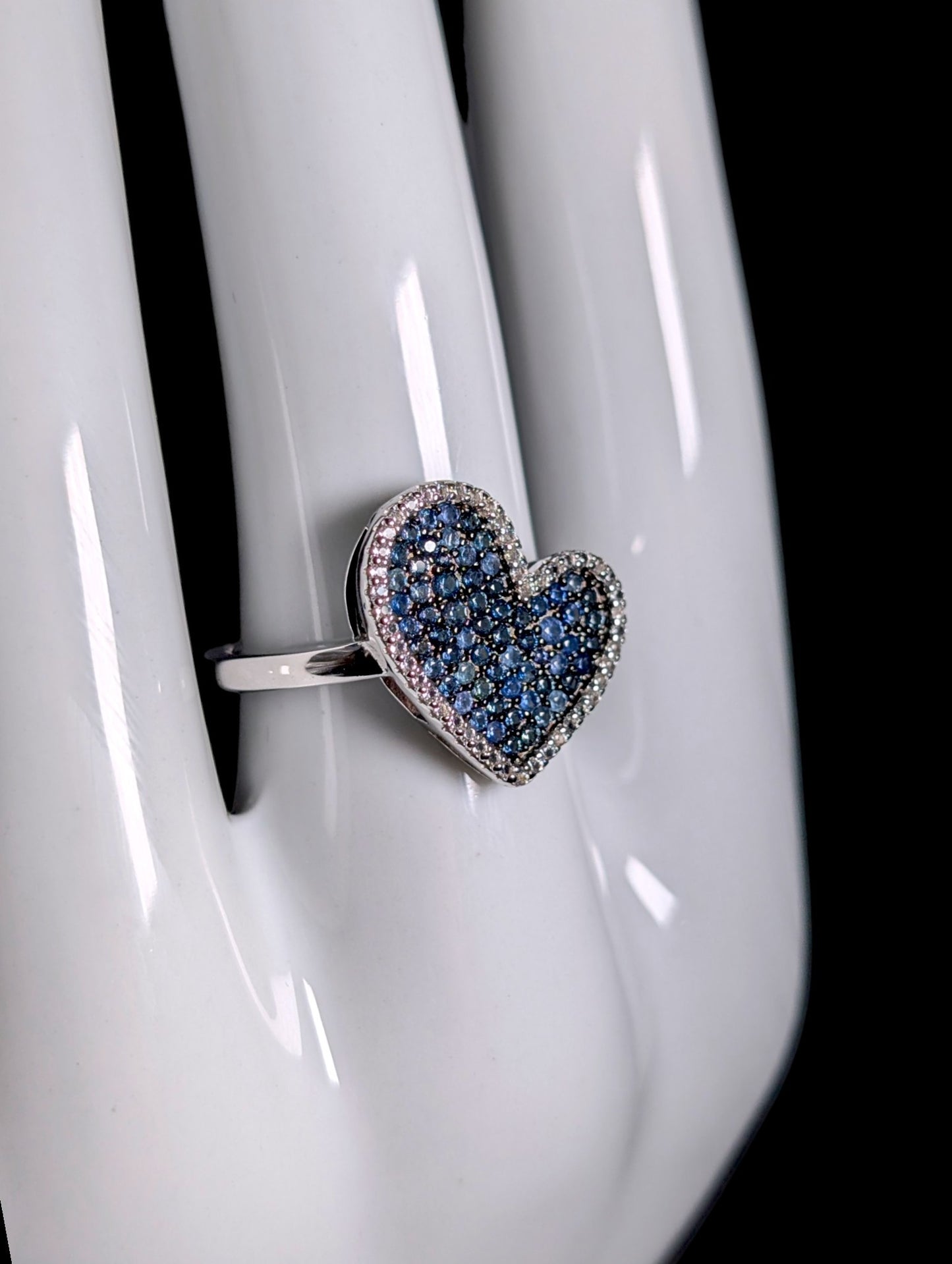 Vintage Genuine Blue Sapphire and White Topaz Halo Heart Sterling Ring