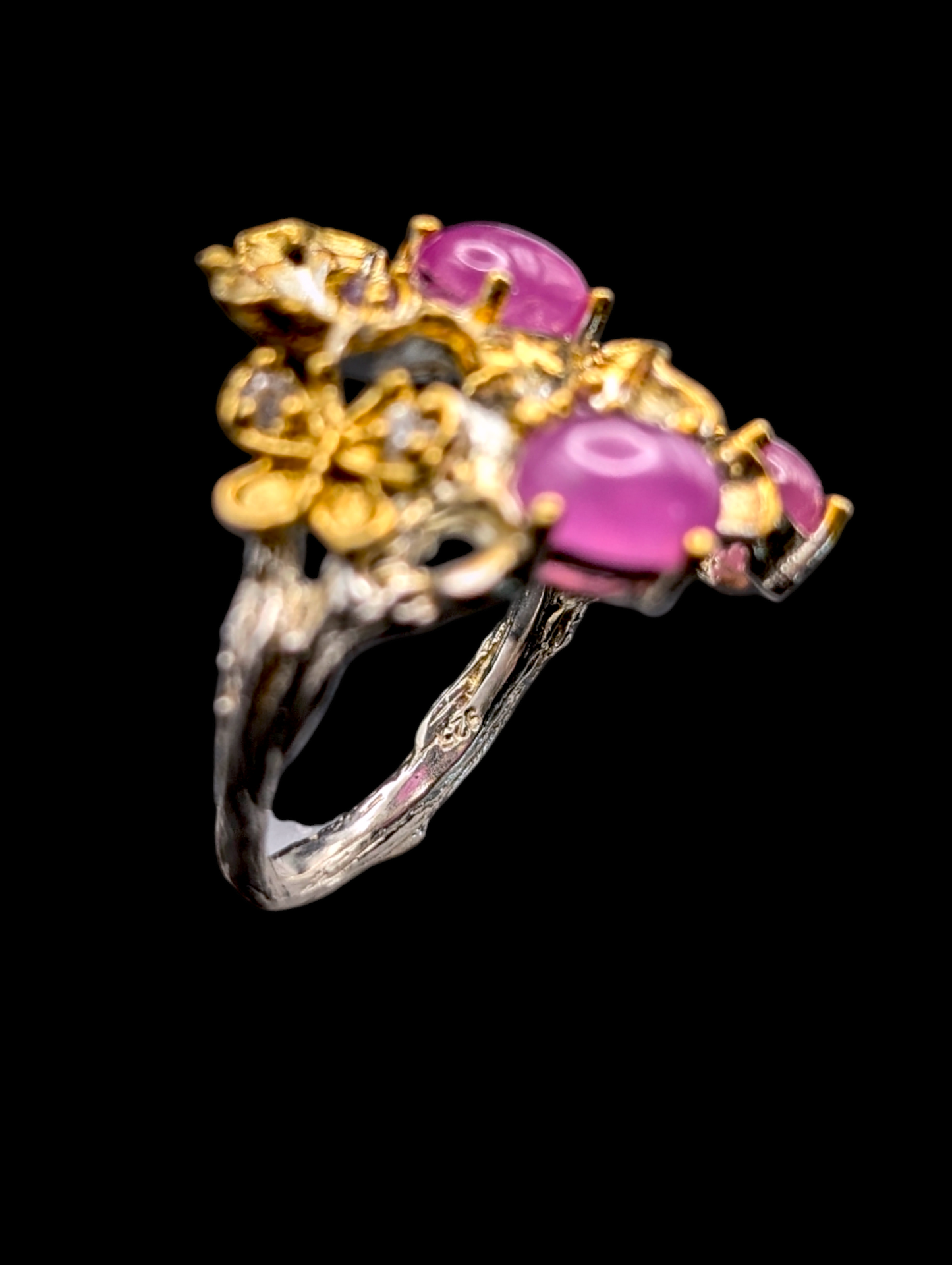 Vintage "Rubies in Springtime" Genuine Earth Mined Pink Ruby, Amethyst, and Zircon 14k Gold Dusted Sterling Silver Ring