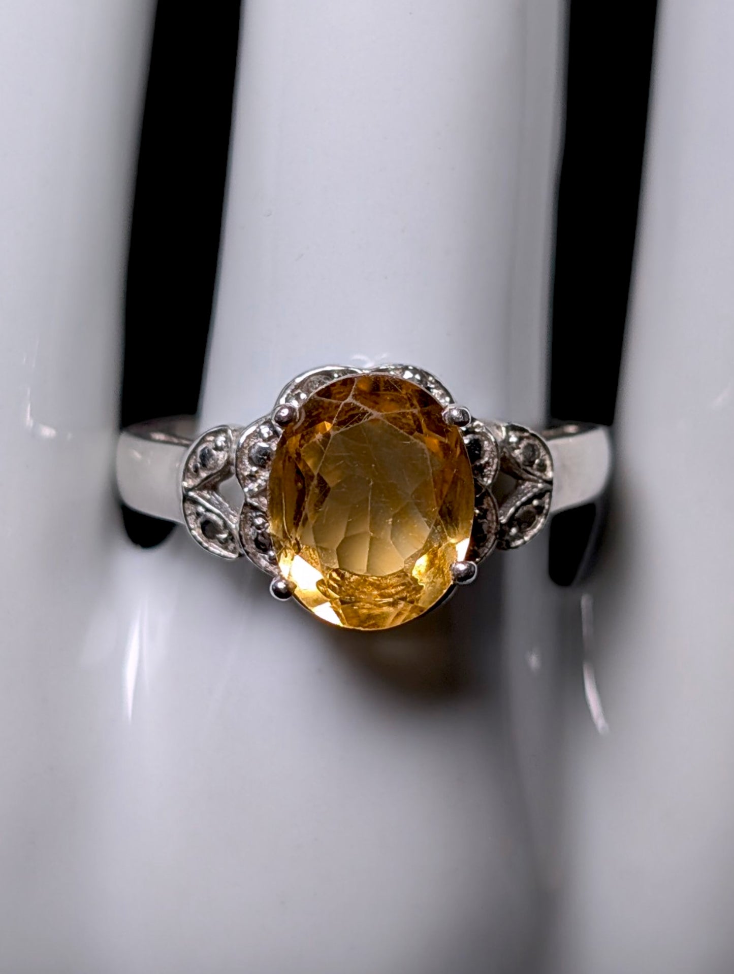 Vintage Large Oval Solitaire Genuine Citrine and Diamond Sterling Silver