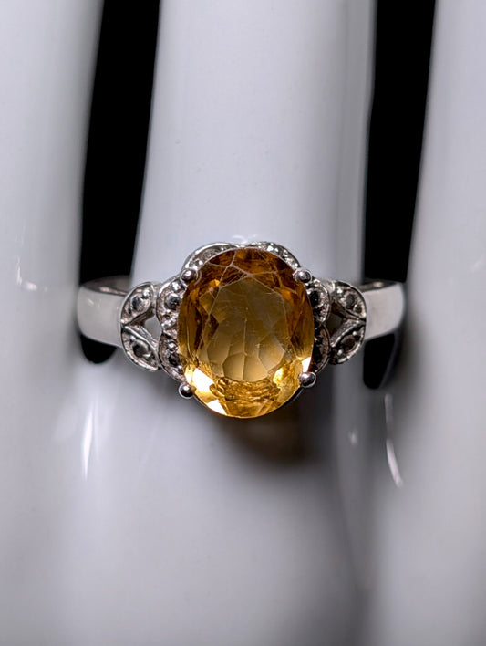 Vintage Large Oval Solitaire Genuine Citrine and Diamond Sterling Silver