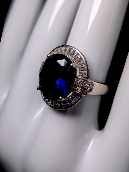Vintage Inspired Large Oval Cut Genuine Blue Sapphire and White Sapphire Halo with White Zircon Accent Stones Sterling Silver Ring