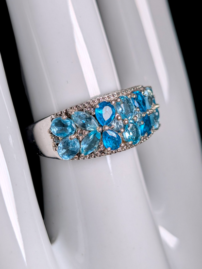 Vintage Cluster Genuine Blue Apatite Sterling Silver Statement Ring
