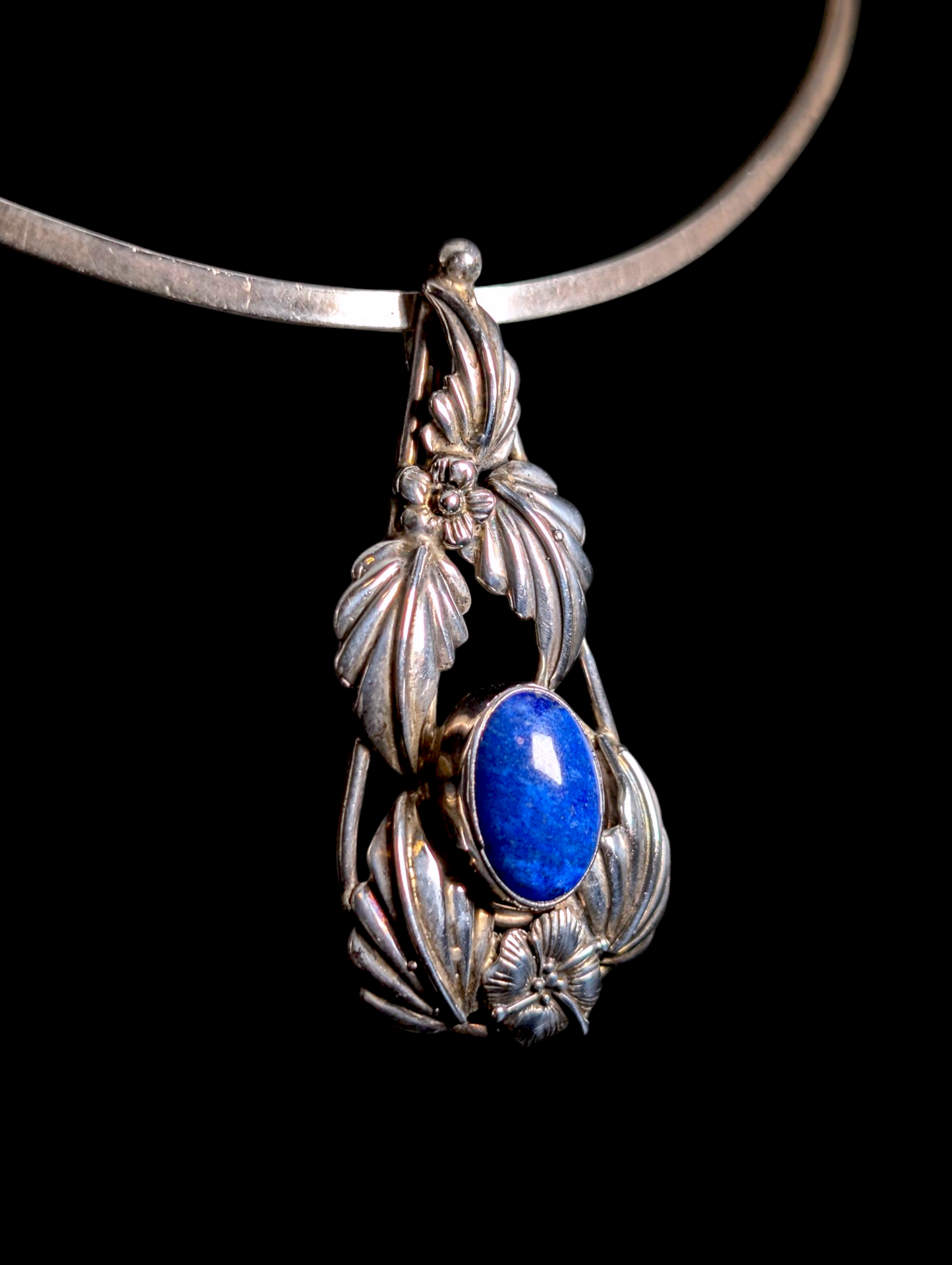 Vintage Art Nouveau Inspired Bezel Set Genuine Lapis and Floral Filigree Sterling Silver Pendant