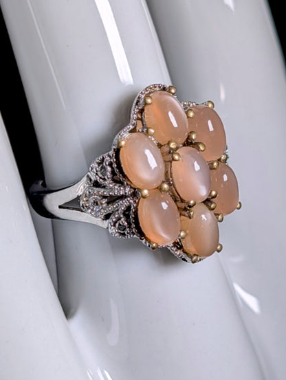 Vintage Peach Moonstone and Simulated Diamond Accented Cluster Cocktail Silver Toned Ring