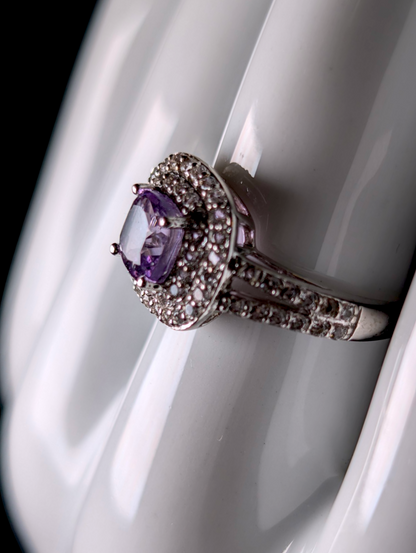 Vintage Cushion Cut Genuine Purple Amethyst Solitaire with White Zircon Double Halo Sterling Silver Ring