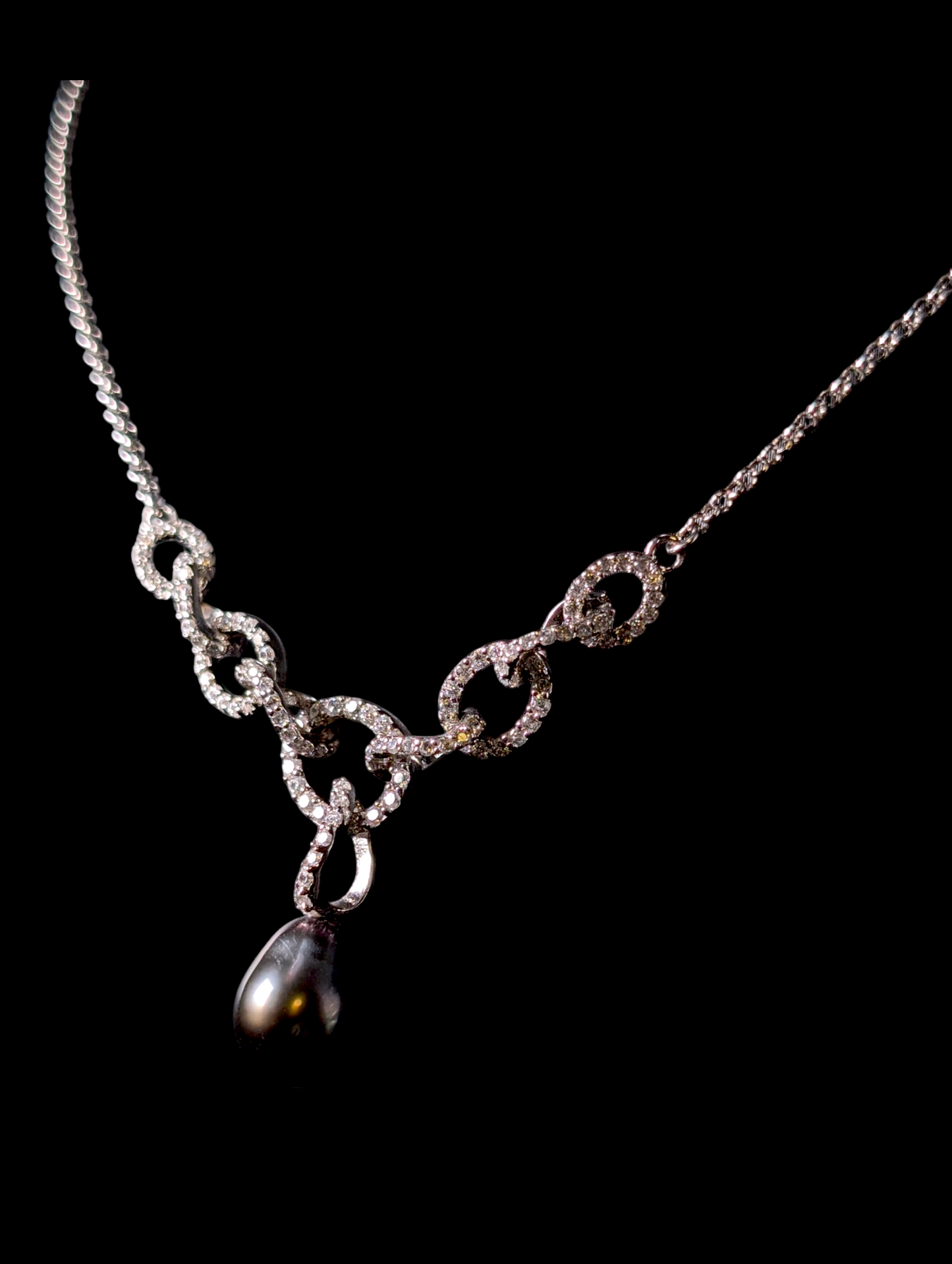 Vintage Genuine Tahitian Black Pearl Solitaire with Simulated Diamond Sterling Silver Drop Pendant Necklace