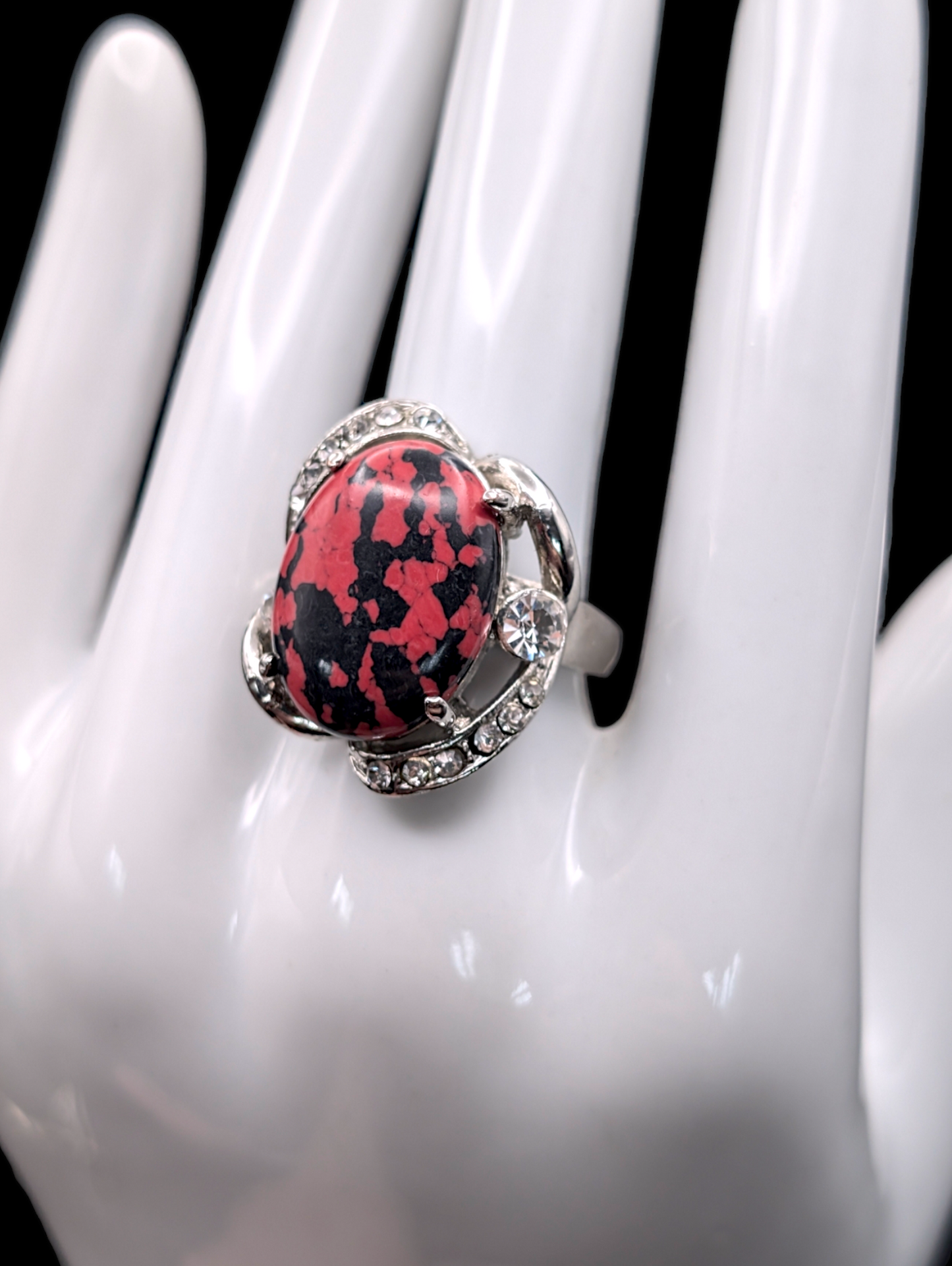 Vintage Red and Black Simulated Marble Cocktail Silver Statement Ring