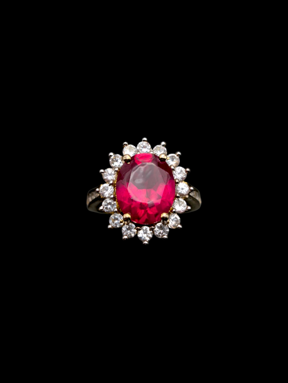 Vintage Oval Cut Genuine Ruby Solitaire with White Sapphire Halo 18k Gold Vermeil Statement Ring