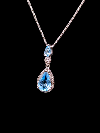 Vintage Dazzling Pear Cut Genuine Swiss Blue Topaz and Diamond Halo Dangle Sterling Silver Pendant
