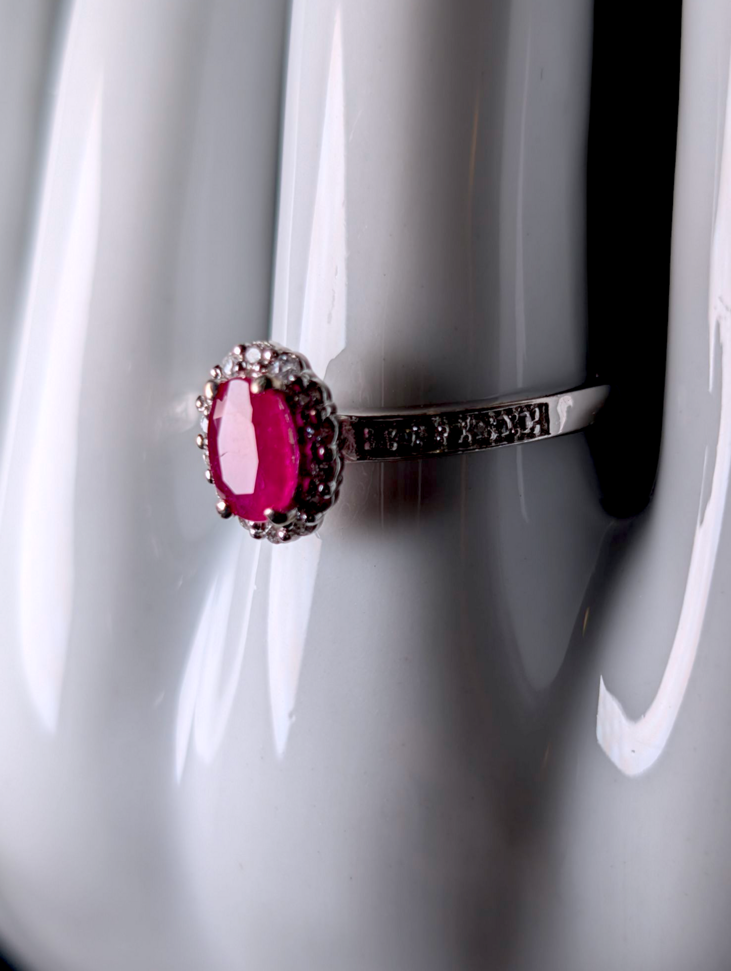 Vintage Earth Mined Oval Cut Genuine Ruby Solitaire with White Topaz Halo Sterling Silver Ring
