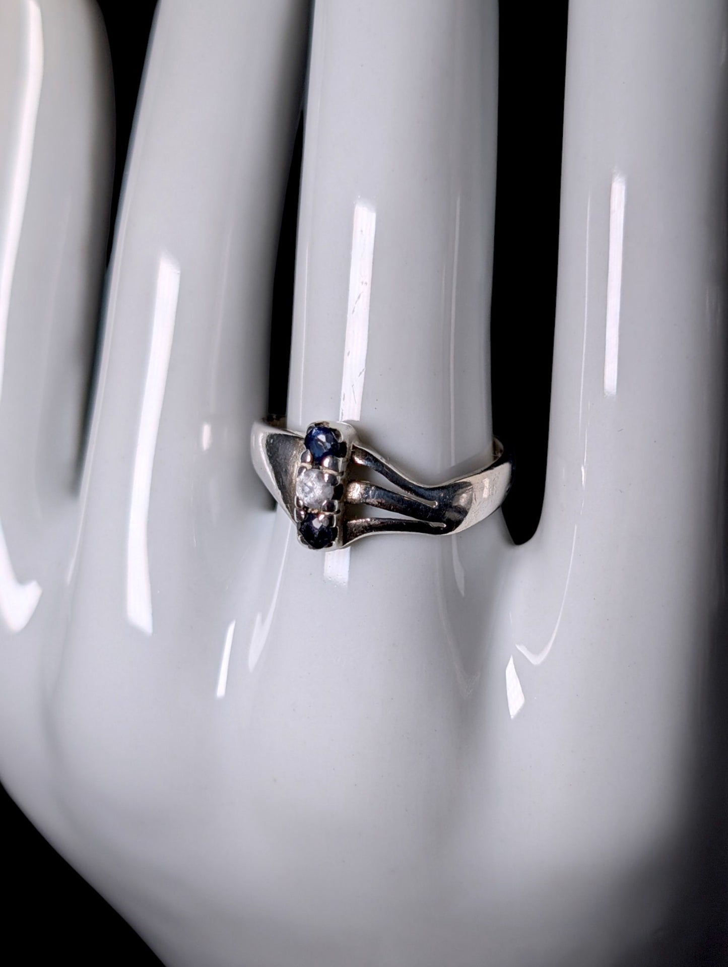 Vintage Round Cut Genuine Sapphire and Cubic Zirconia Sterling Silver Row Ring