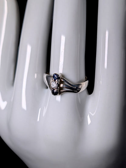 Vintage Round Cut Genuine Sapphire and Cubic Zirconia Sterling Silver Row Ring