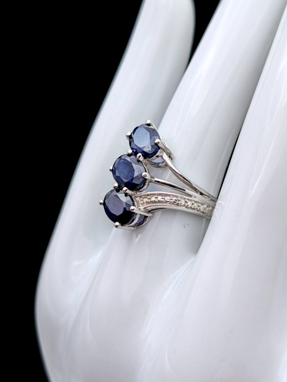 Vintage Oval Cut Three Stone Genuine Royal Blue Sapphire Split Shank Sterling Silver Ring