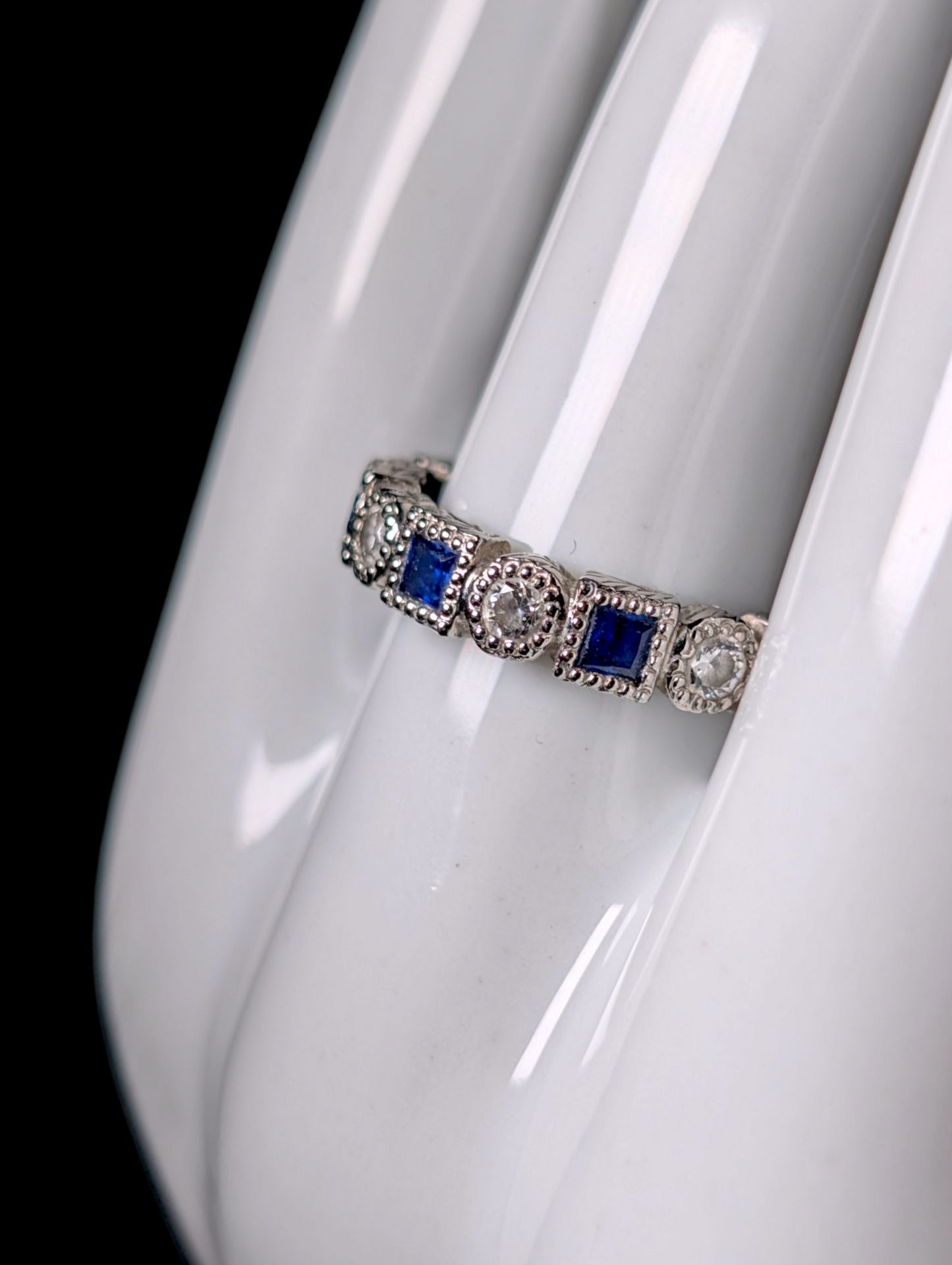 Vintage Alternating Genuine Blue Sapphire and Simulated Diamond Sterling Silver Band Ring