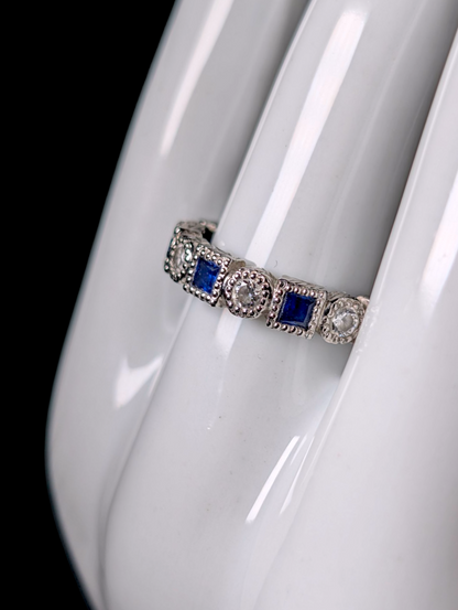 Vintage Alternating Genuine Blue Sapphire and Simulated Diamond Sterling Silver Band Ring