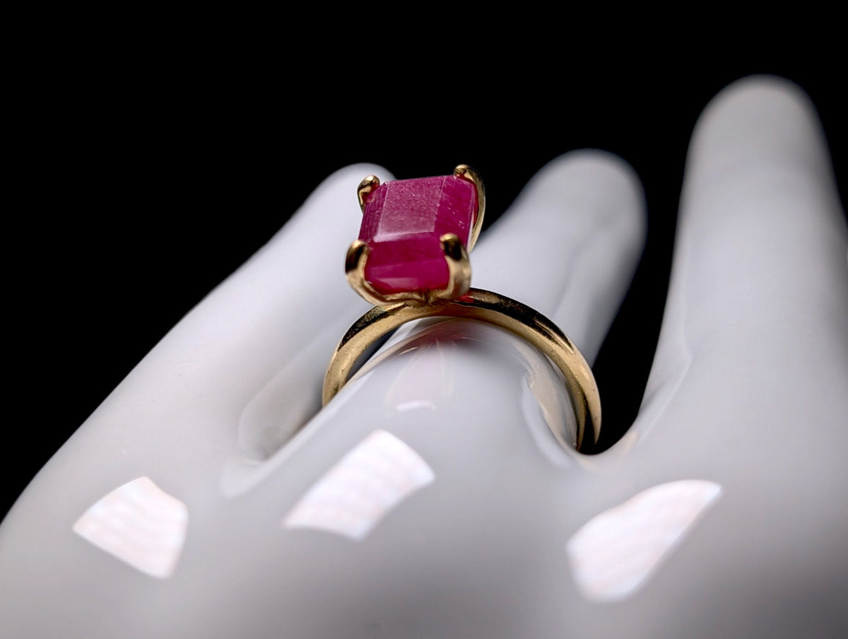 Vintage Emerald Cut Genuine Red Gemstone Solitaire Prong Set 10k Yellow Gold Ring