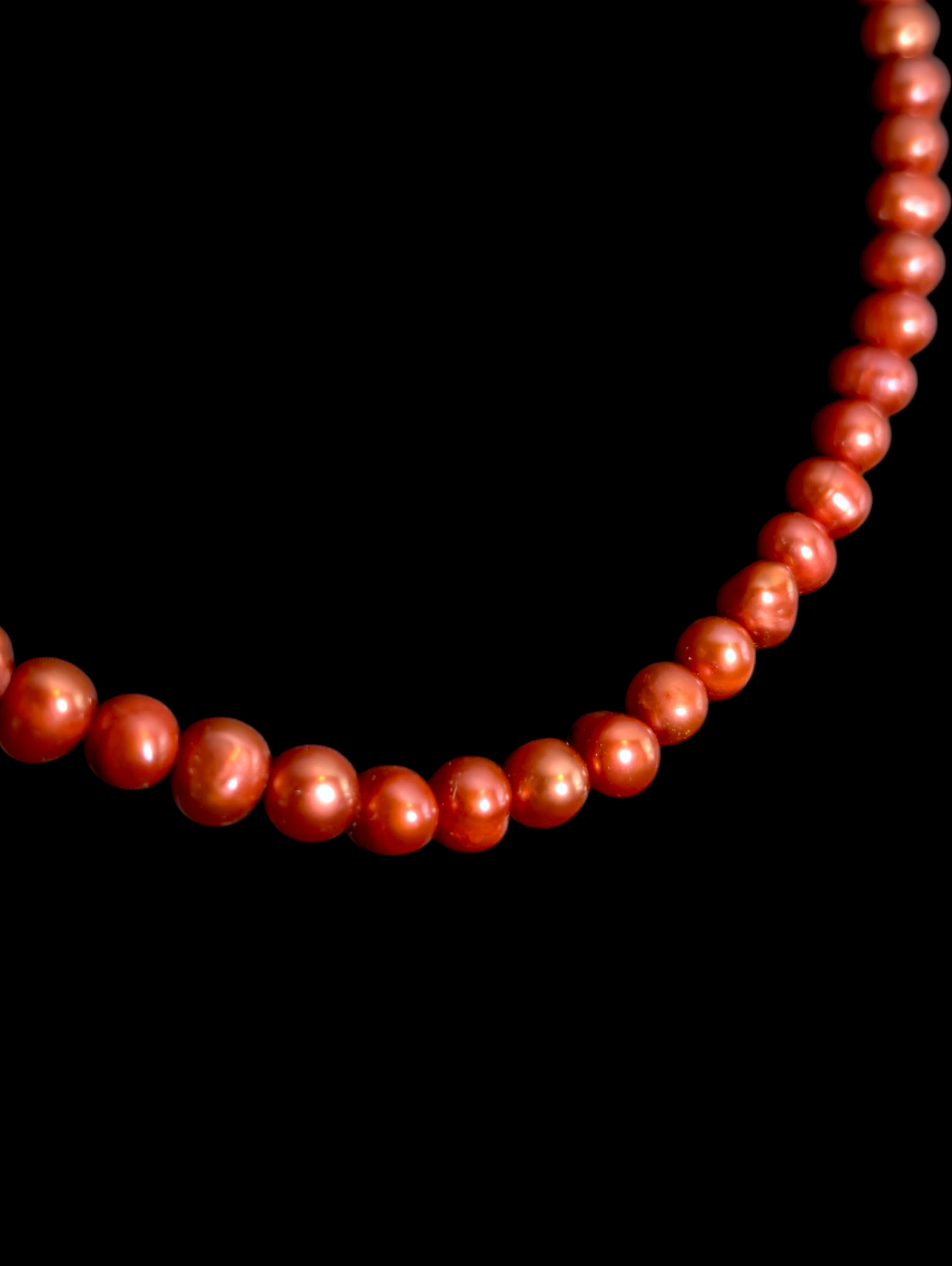 Vintage Genuine Cinnamon Orange Cultured Freshwater Pearl Oval Shaped Ringed Sterling Silver Necklace