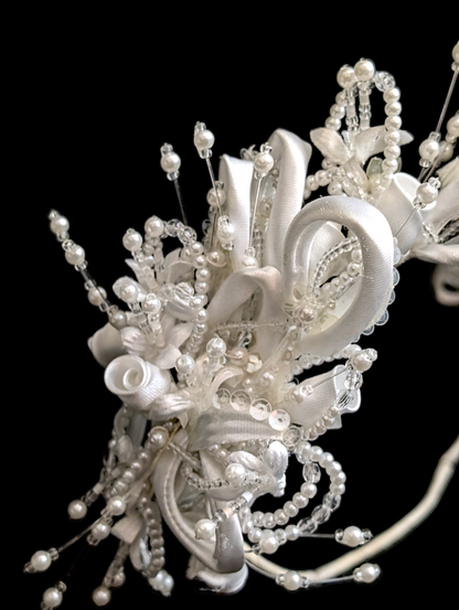 1970s - 1980s Romantic Art Nouveau Inspired White Rose Headpiece