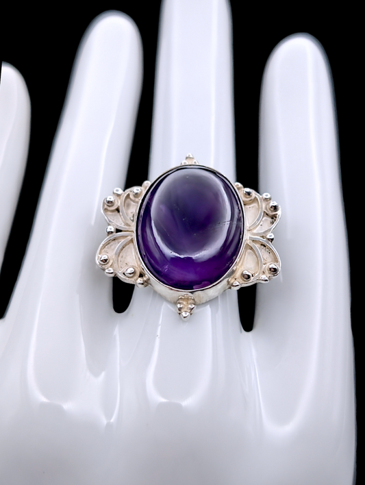 Vintage Art Nouveau Inspired Large Genuine Earth Mined Amethyst Cabochon Sterling Silver Ring