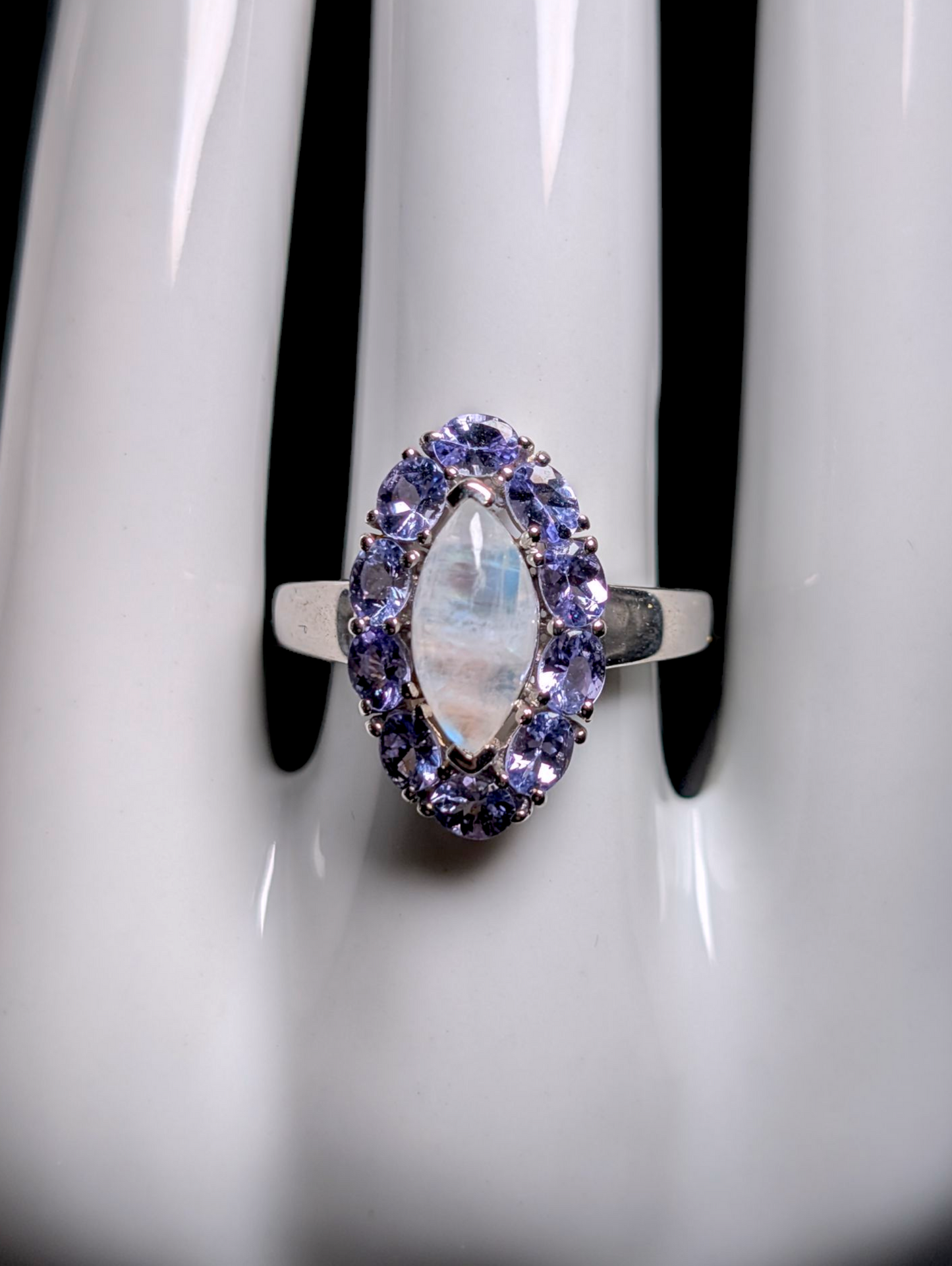 Vintage Mystical Marquise Cabochon Genuine Rainbow Moonstone and Tanzanite Sterling Silver Ring
