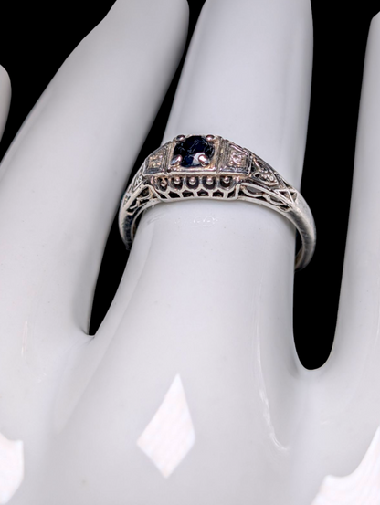 Vintage Edwardian Inspired Round Cut Genuine Blue Sapphire Solitaire with Diamond Accent Stones Sterling Silver Ring