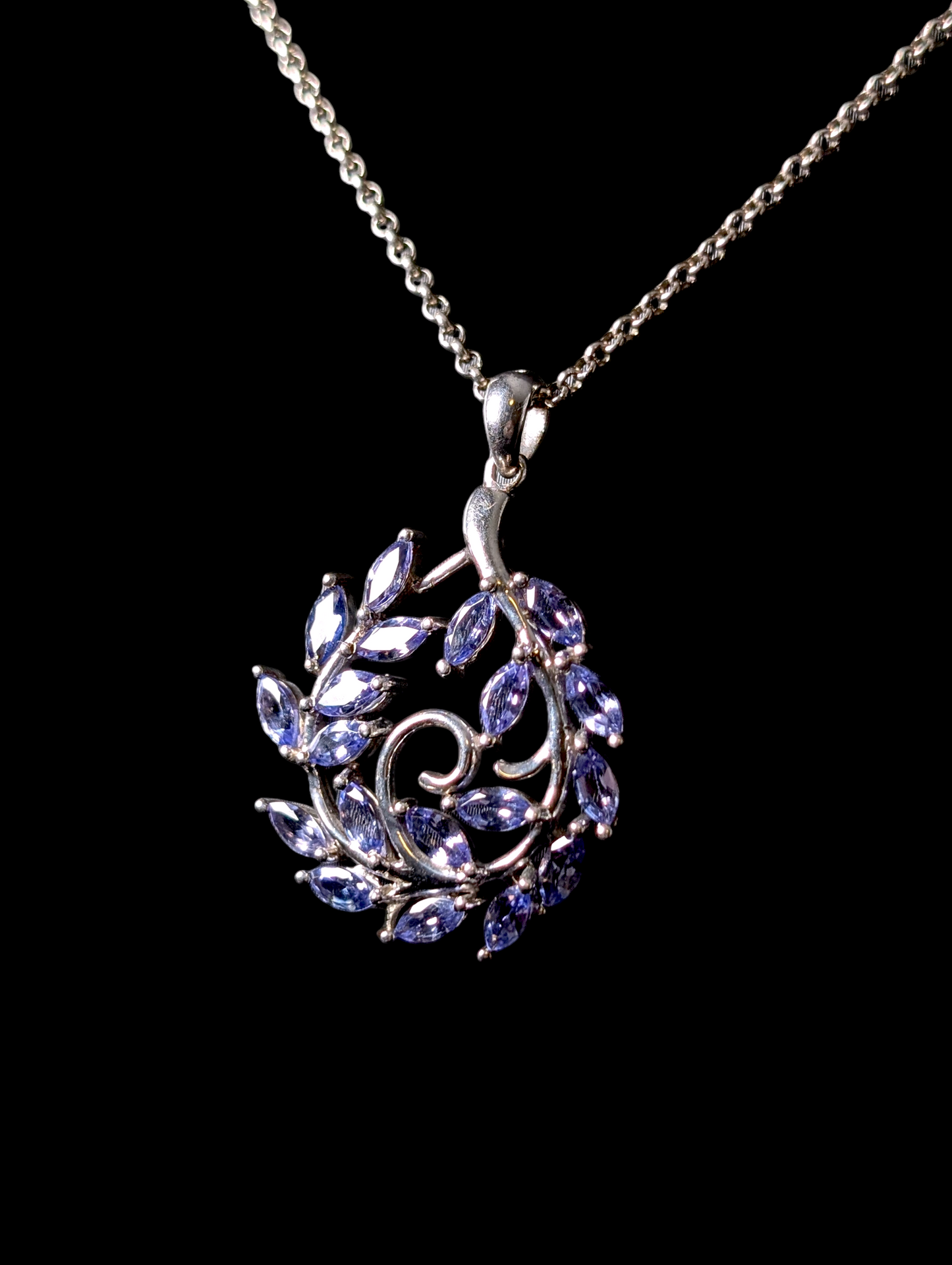Vintage Earth Mined Genuine Tanzanite Sterling Leafy Spiral Branch Pendant and Sterling Silver Chain Necklace