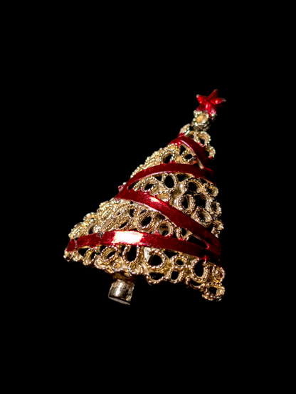 Vintage Christmas Tree Enamel Ribbon Gold Toned Brooch Pin
