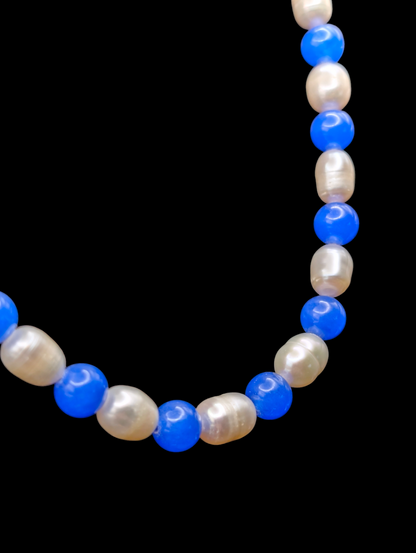 Vintage Single Strand Genuine Freshwater Pearl and Blue Jade  Necklace