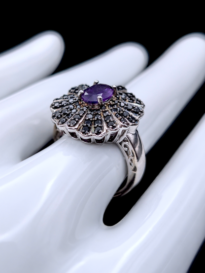 Vintage Genuine Amethyst and Black Spinel Floral Sterling Silver Ring