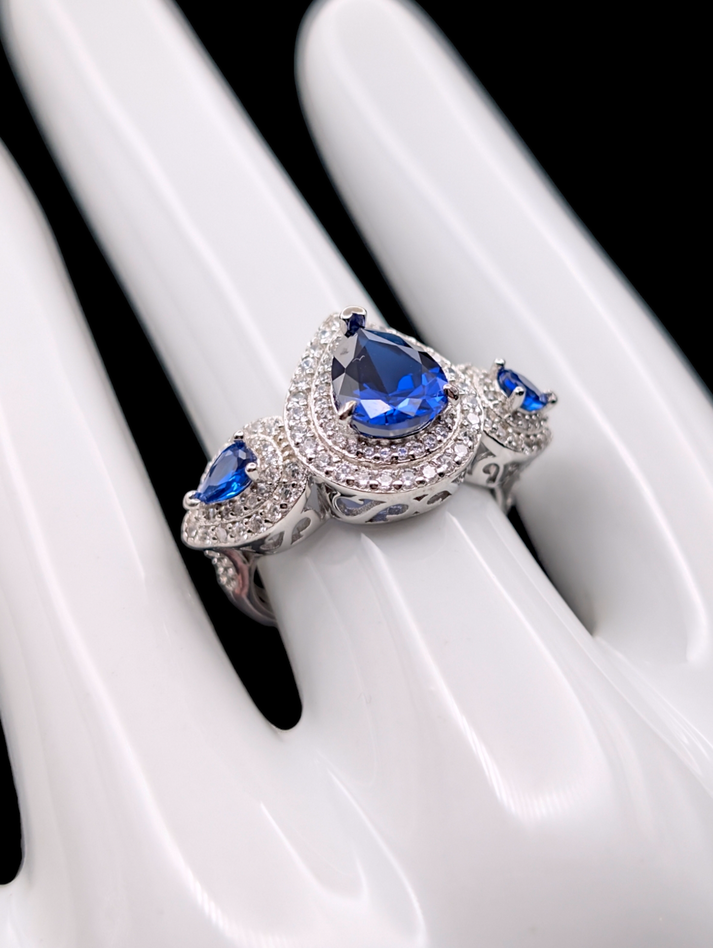 Vintage Inspired Cornflower Blue Pear Cut Genuine Spinel and Diamond Double Halo Sterling Silver Ring