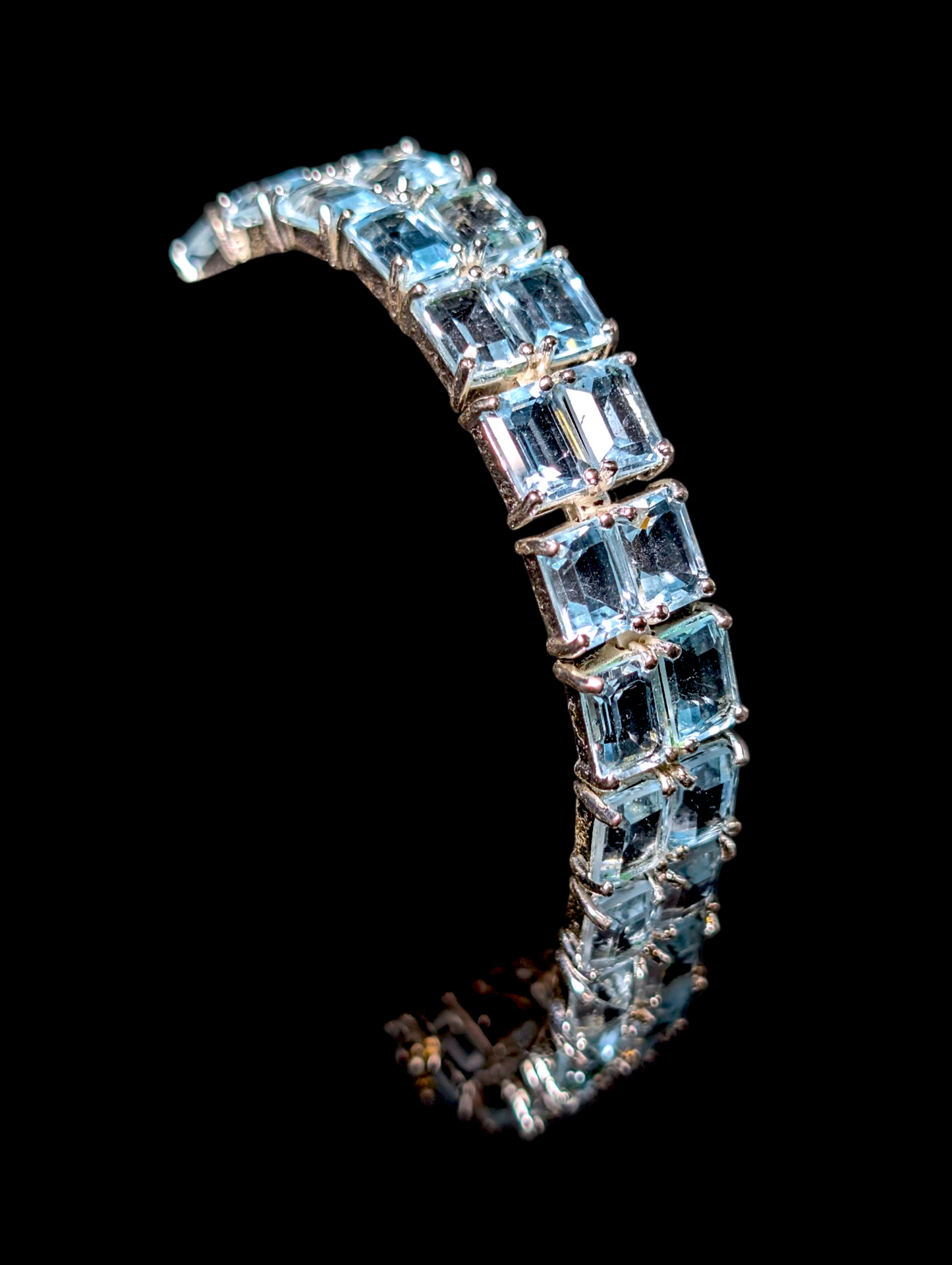 Vintage 50+ Carat Double Row Emerald Cut Genuine Sky Blue Topaz Sterling Silver Tennis Bracelet