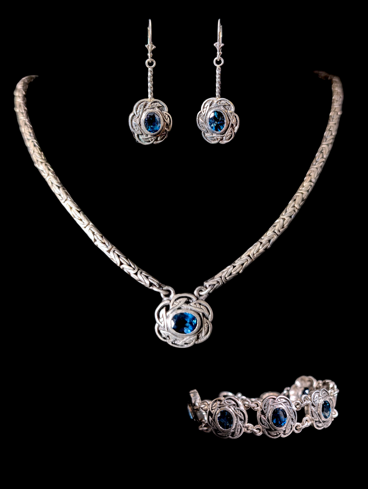 Vintage Rare 3 Piece Designer Shube Dakota West Genuine London Blue Topaz Oxidized 105g Sterling Silver Necklace, Bracelet, and Earrings Set