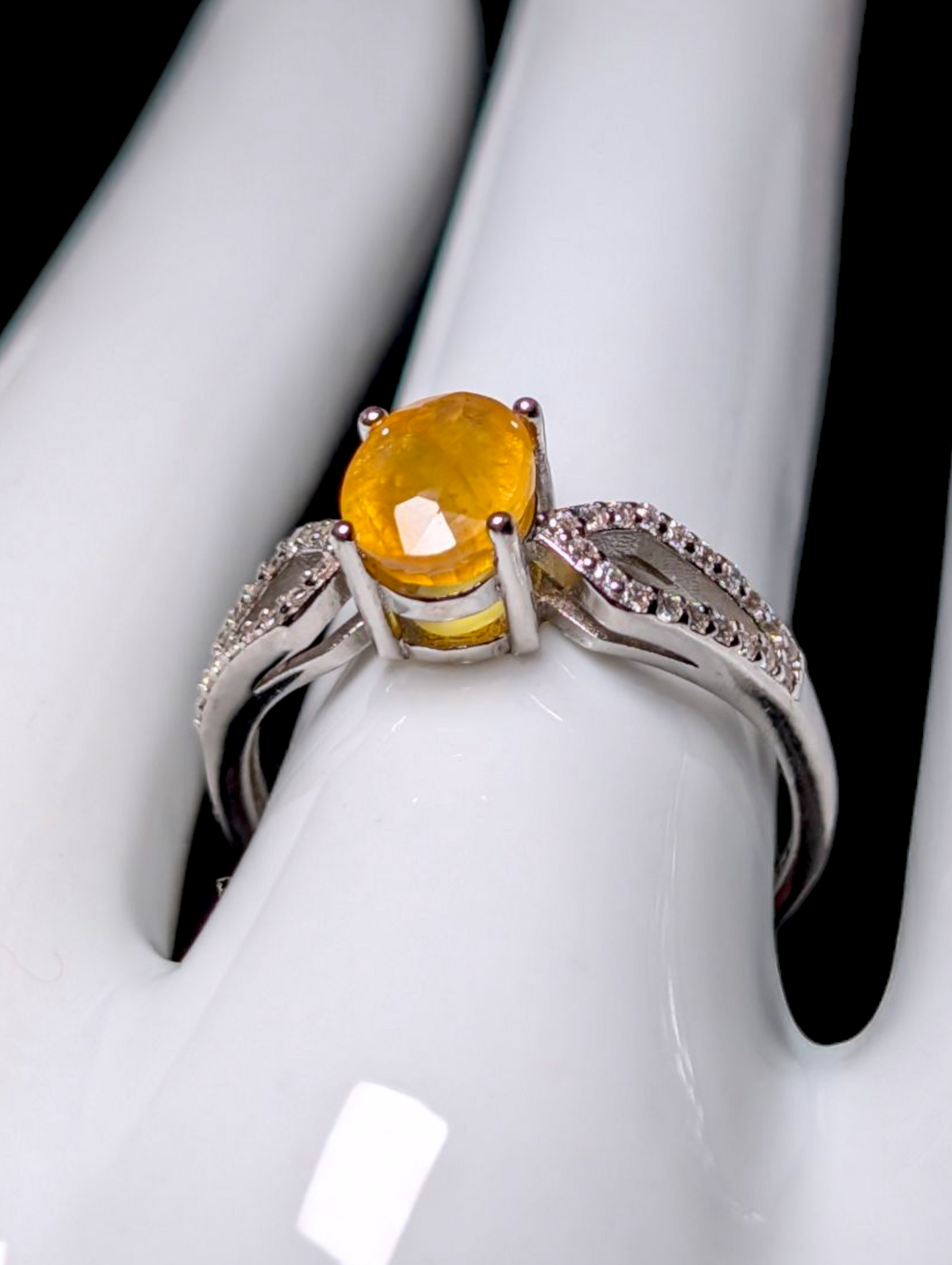 Vintage Inspired Oval Cut Earth Mined Genuine Yellow Sapphire Solitaire 14k White Gold over Sterling Split Shank Ring