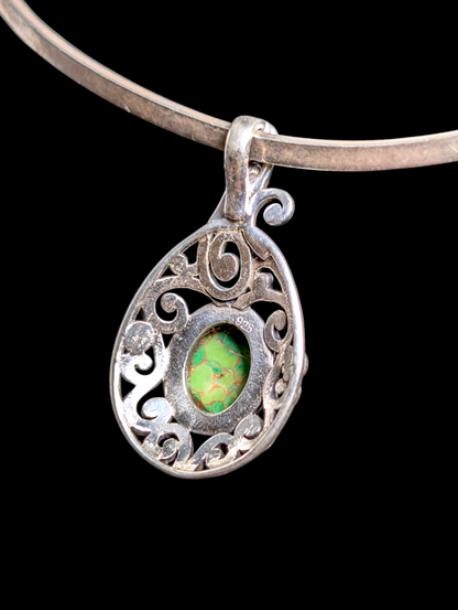 Vintage Oval Cut Bezel Cabochon Genuine Green Turquoise Sterling Silver Filigree Pendant